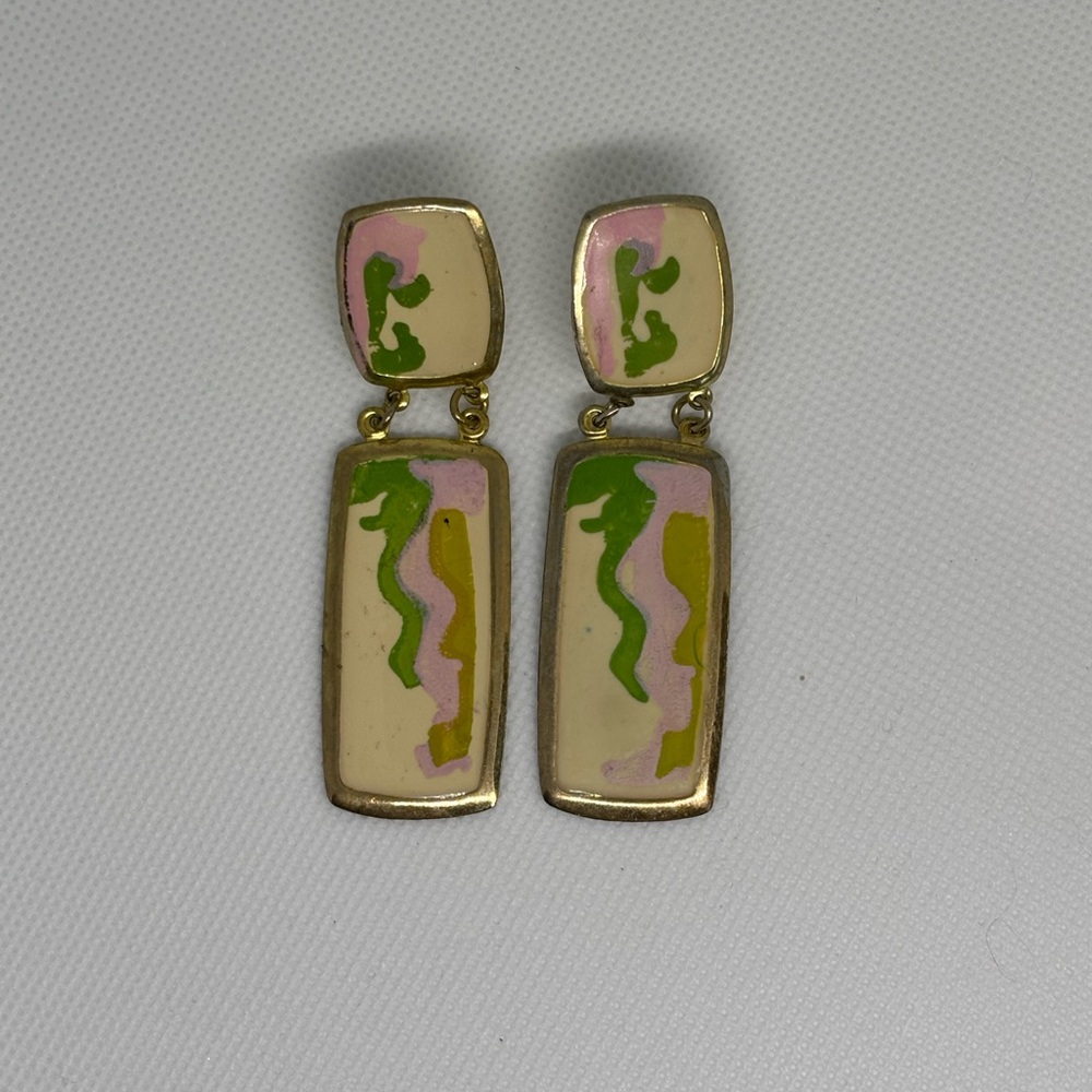 Vintage Painted Earrings with Gold-tone